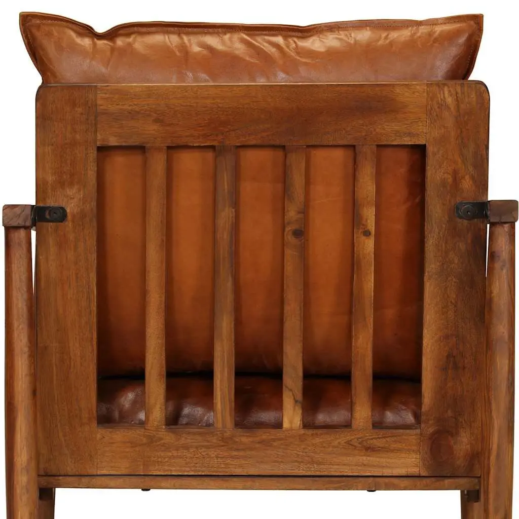 Armchair Living Room Brown Leather Acacia Wood Frame