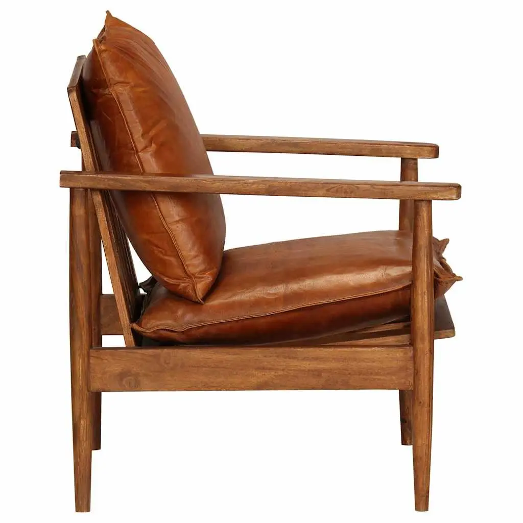 Armchair Living Room Brown Leather Acacia Wood Frame