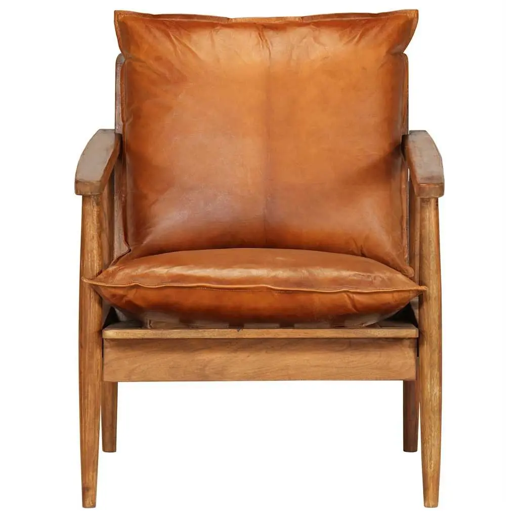 Armchair Living Room Brown Leather Acacia Wood Frame