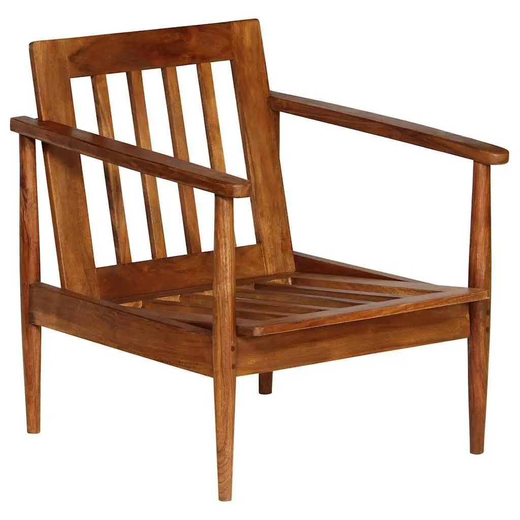 Armchair Living Room Brown Leather Acacia Wood Frame