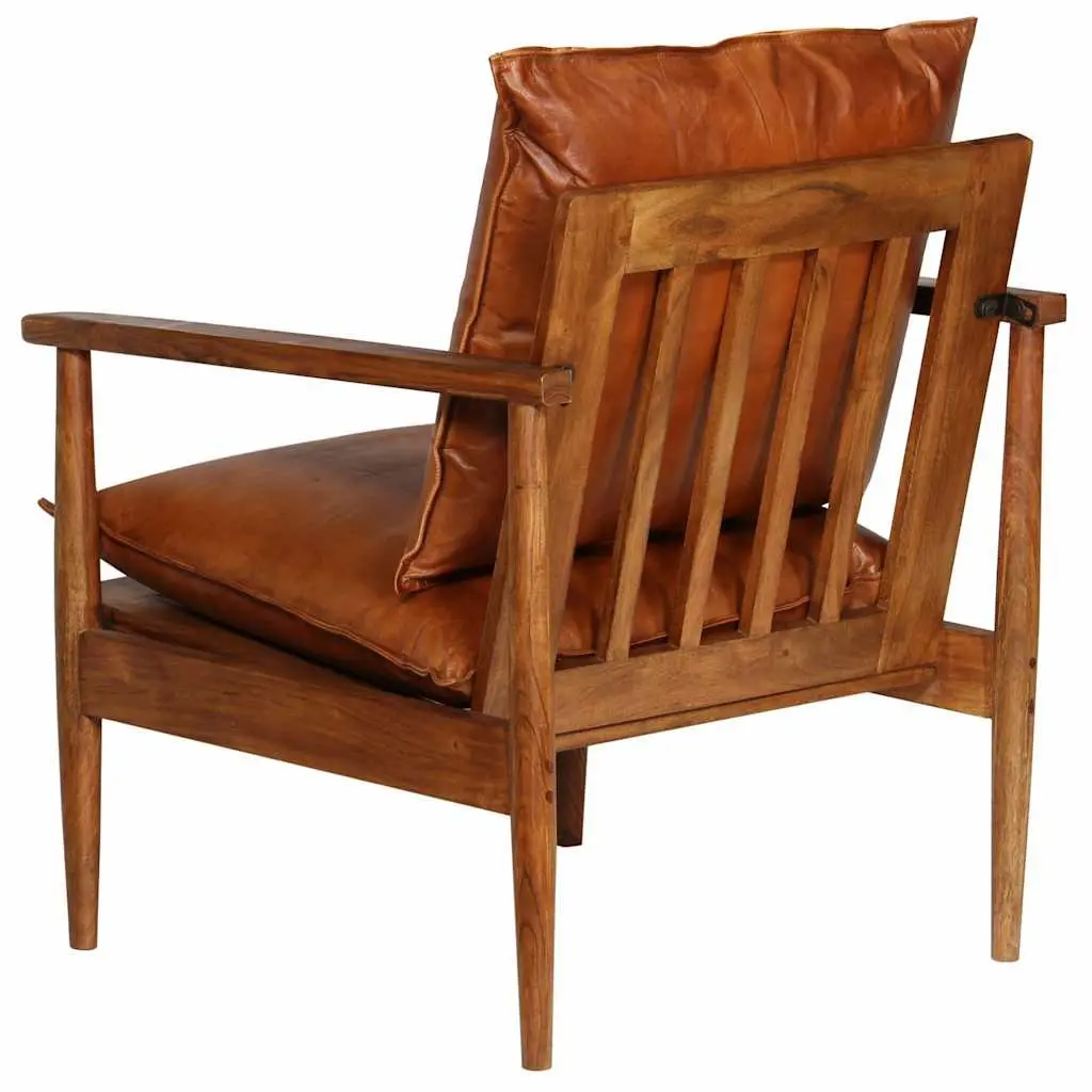 Armchair Living Room Brown Leather Acacia Wood Frame