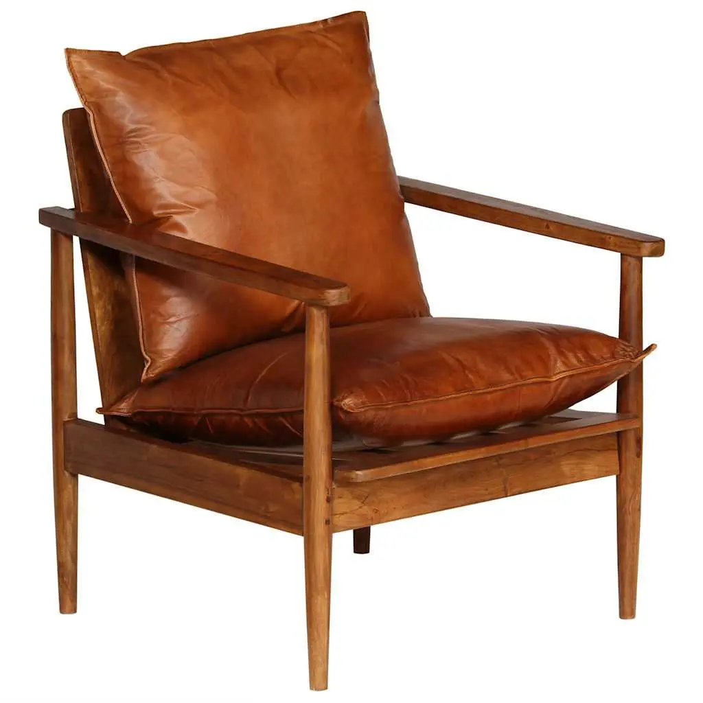 Armchair Living Room Brown Leather Acacia Wood Frame