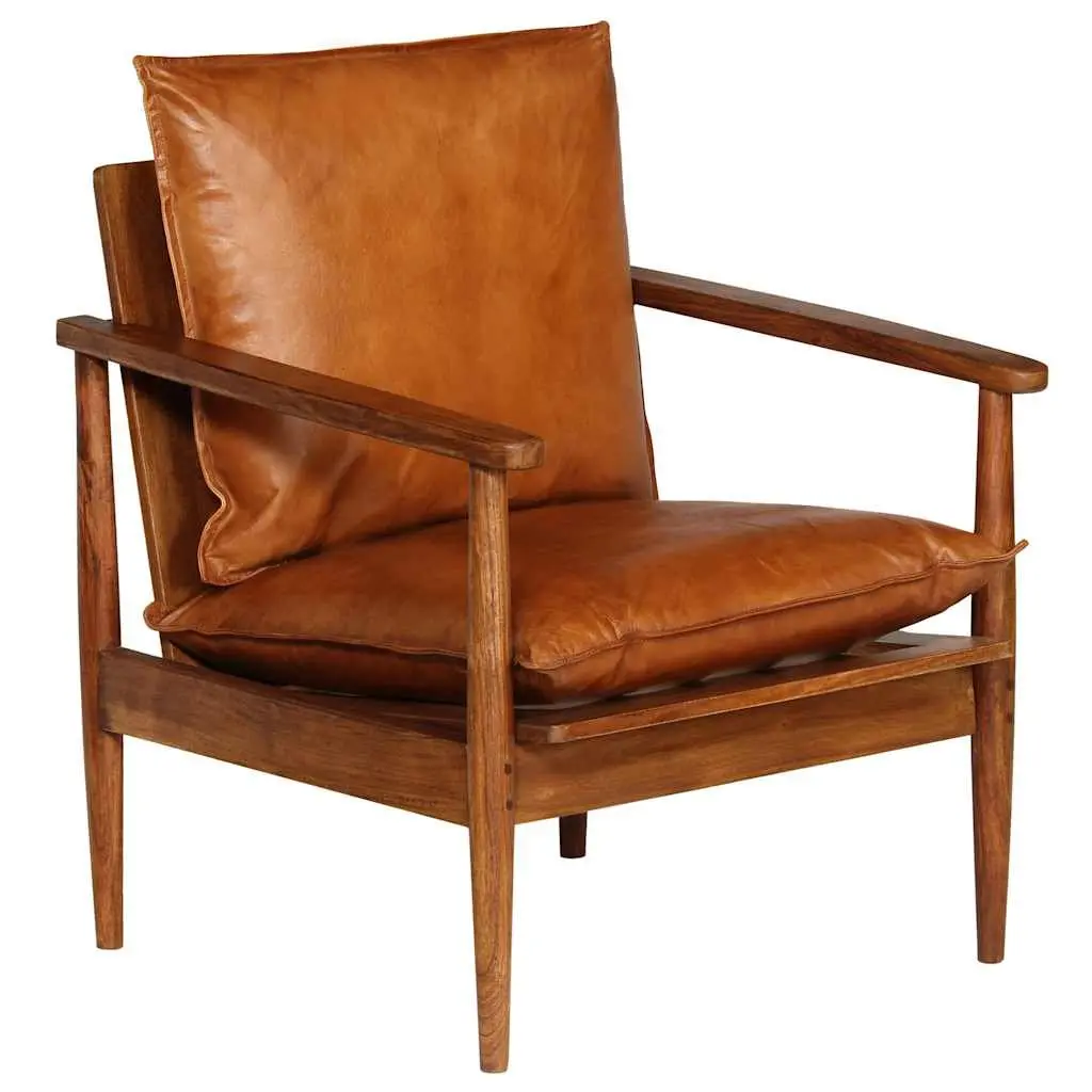 Armchair Living Room Brown Leather Acacia Wood Frame