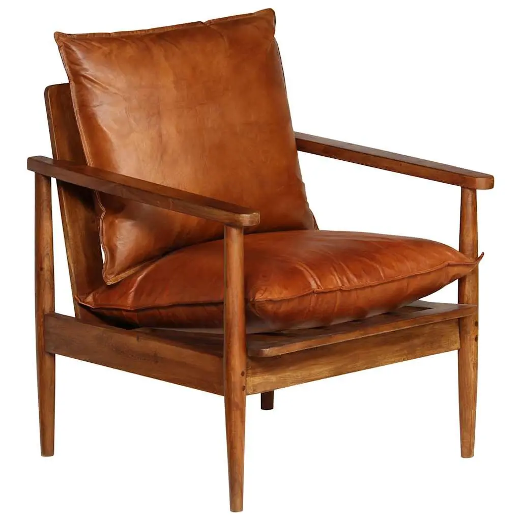 Armchair Living Room Brown Leather Acacia Wood Frame