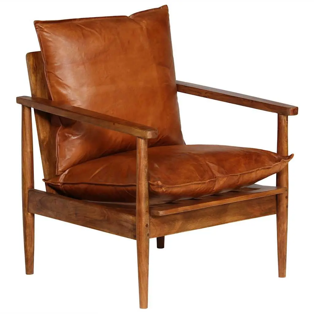 Armchair Living Room Brown Leather Acacia Wood Frame