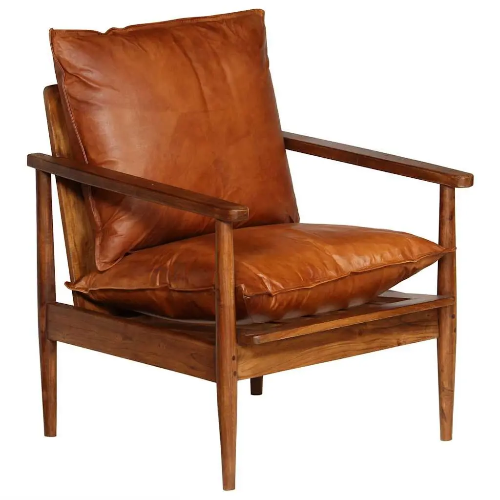 Armchair Living Room Brown Leather Acacia Wood Frame
