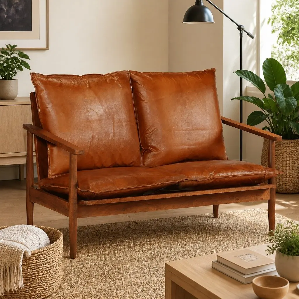 2-Seater Sofa Living Room Solid Acacia Wood Frame Goat Leather Upholstery Brown