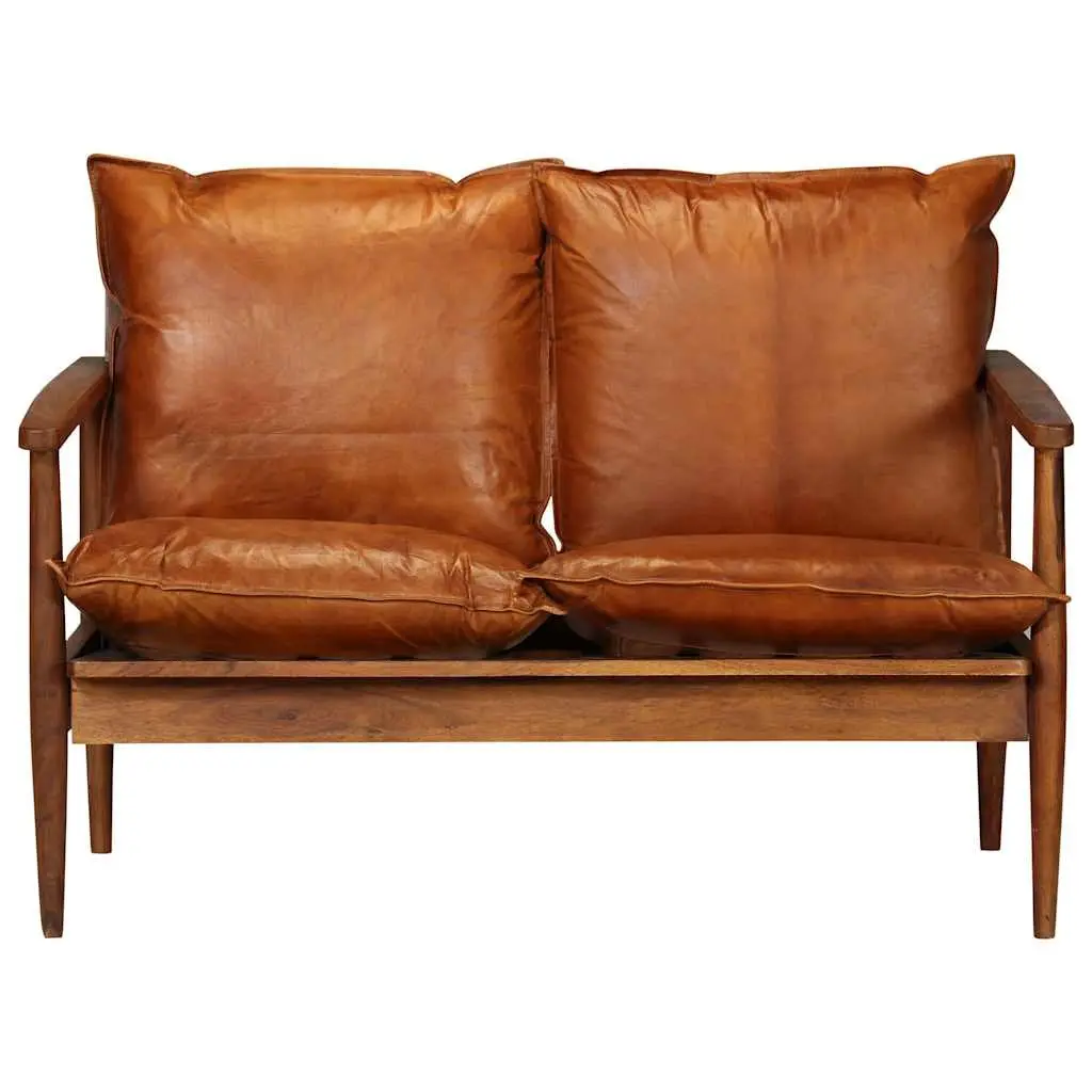 2-Seater Sofa Living Room Solid Acacia Wood Frame Goat Leather Upholstery Brown