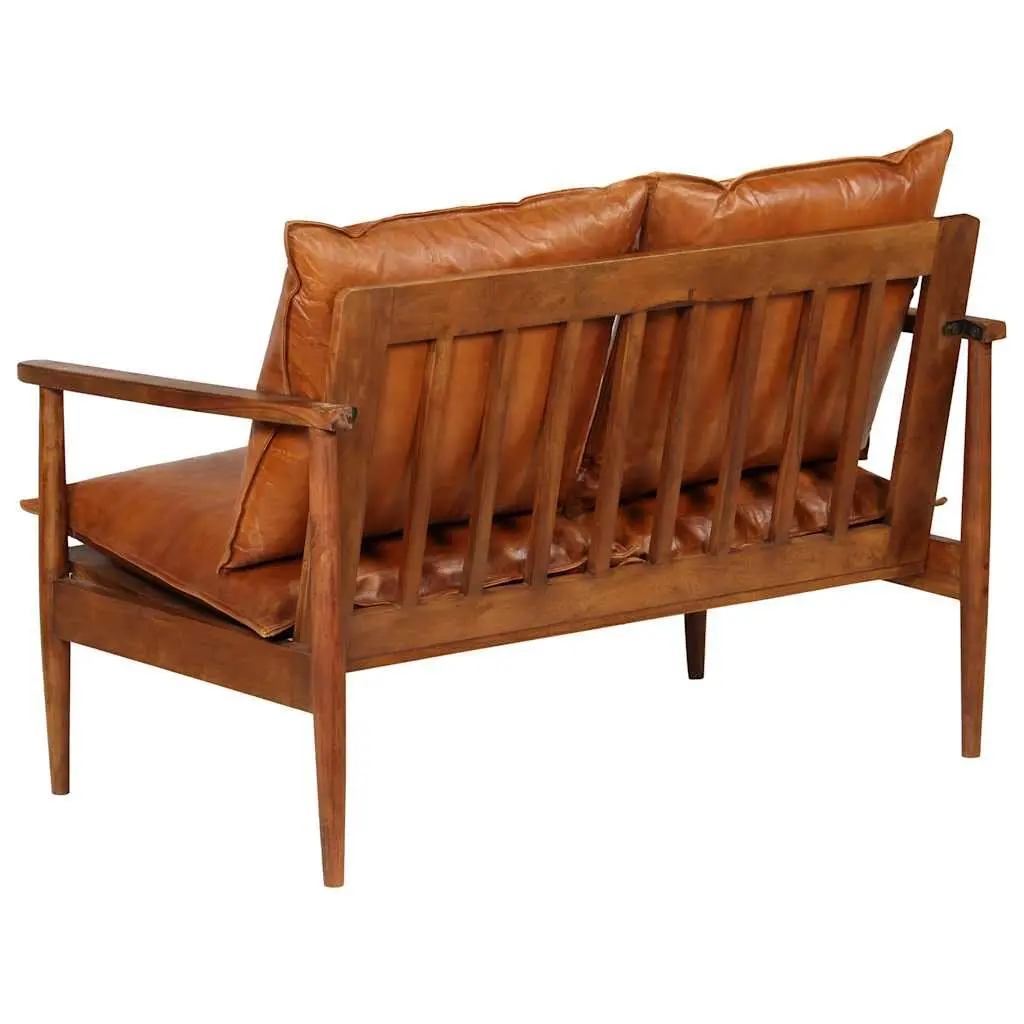 2-Seater Sofa Living Room Solid Acacia Wood Frame Goat Leather Upholstery Brown