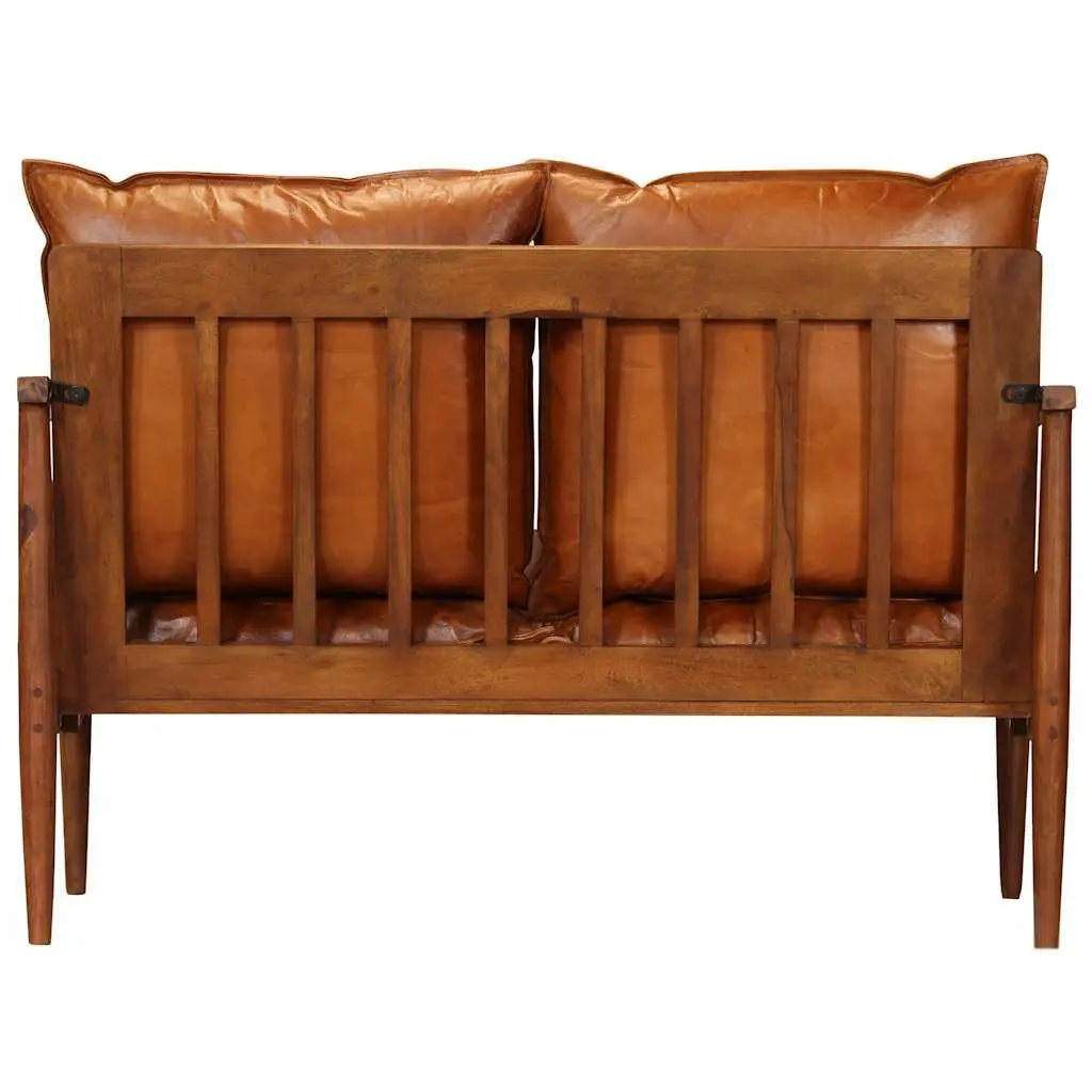 2-Seater Sofa Living Room Solid Acacia Wood Frame Goat Leather Upholstery Brown