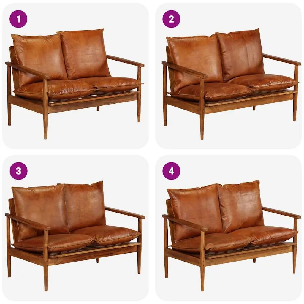 2-Seater Sofa Living Room Solid Acacia Wood Frame Goat Leather Upholstery Brown