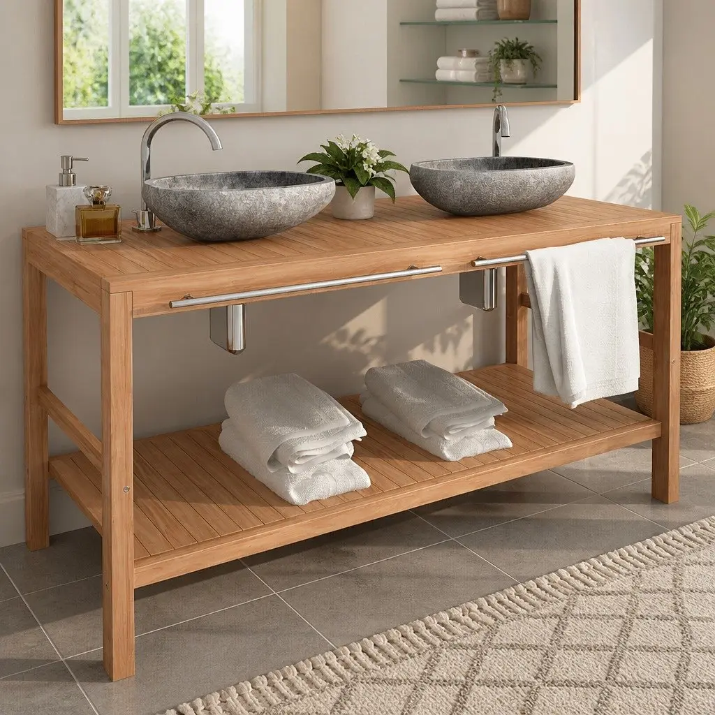Bathroom Vanity Cabinet Solid Teak 132x45x75cm Brown Sink Storage Furniture