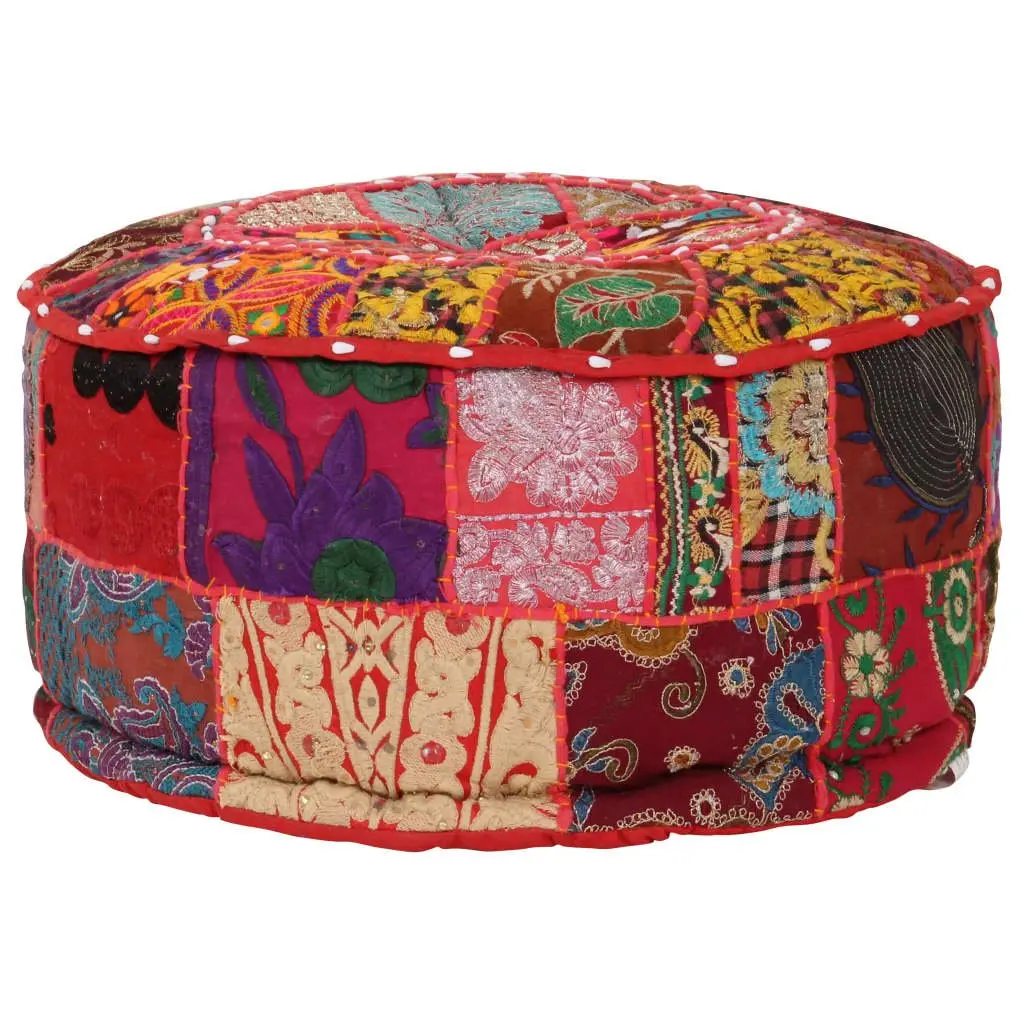Round Pouffe Footstool Ottoman for Living Room Bedroom 40 x 20 cm Red Cotton Handmade Embroidered