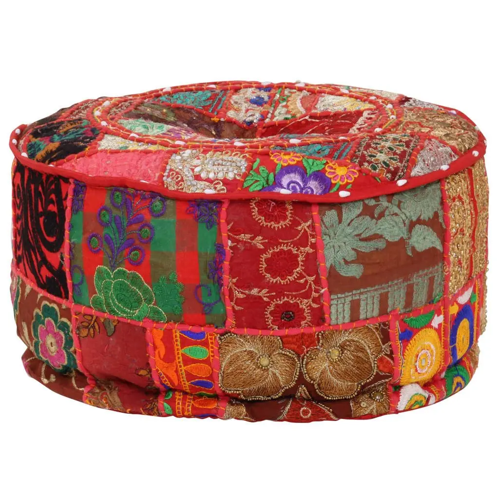 Round Pouffe Footstool Ottoman for Living Room Bedroom 40 x 20 cm Red Cotton Handmade Embroidered