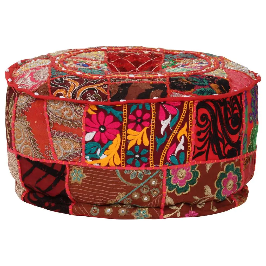Round Pouffe Footstool Ottoman for Living Room Bedroom 40 x 20 cm Red Cotton Handmade Embroidered