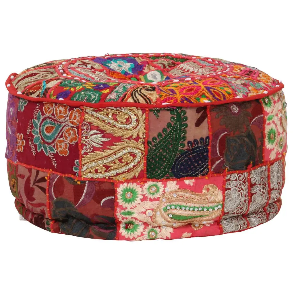 Round Pouffe Footstool Ottoman for Living Room Bedroom 40 x 20 cm Red Cotton Handmade Embroidered