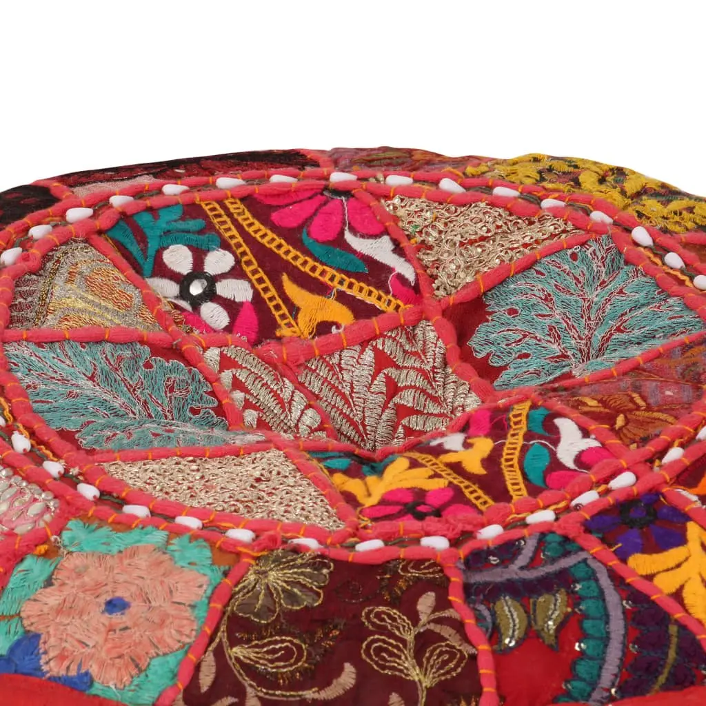 Round Pouffe Footstool Ottoman for Living Room Bedroom 40 x 20 cm Red Cotton Handmade Embroidered