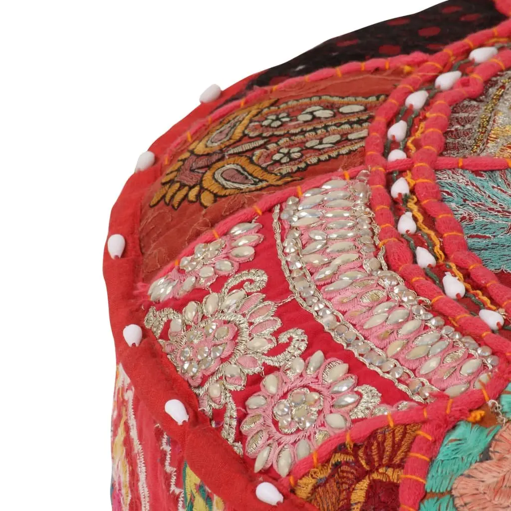 Round Pouffe Footstool Ottoman for Living Room Bedroom 40 x 20 cm Red Cotton Handmade Embroidered