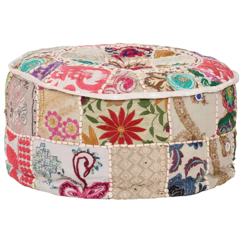 Patchwork Pouffe Round Footrest Ottoman Handmade Cotton 40x20 cm Beige