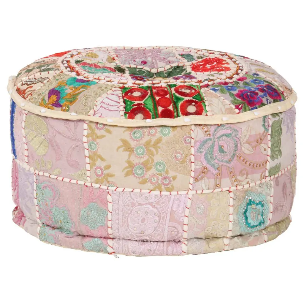 Patchwork Pouffe Round Footrest Ottoman Handmade Cotton 40x20 cm Beige