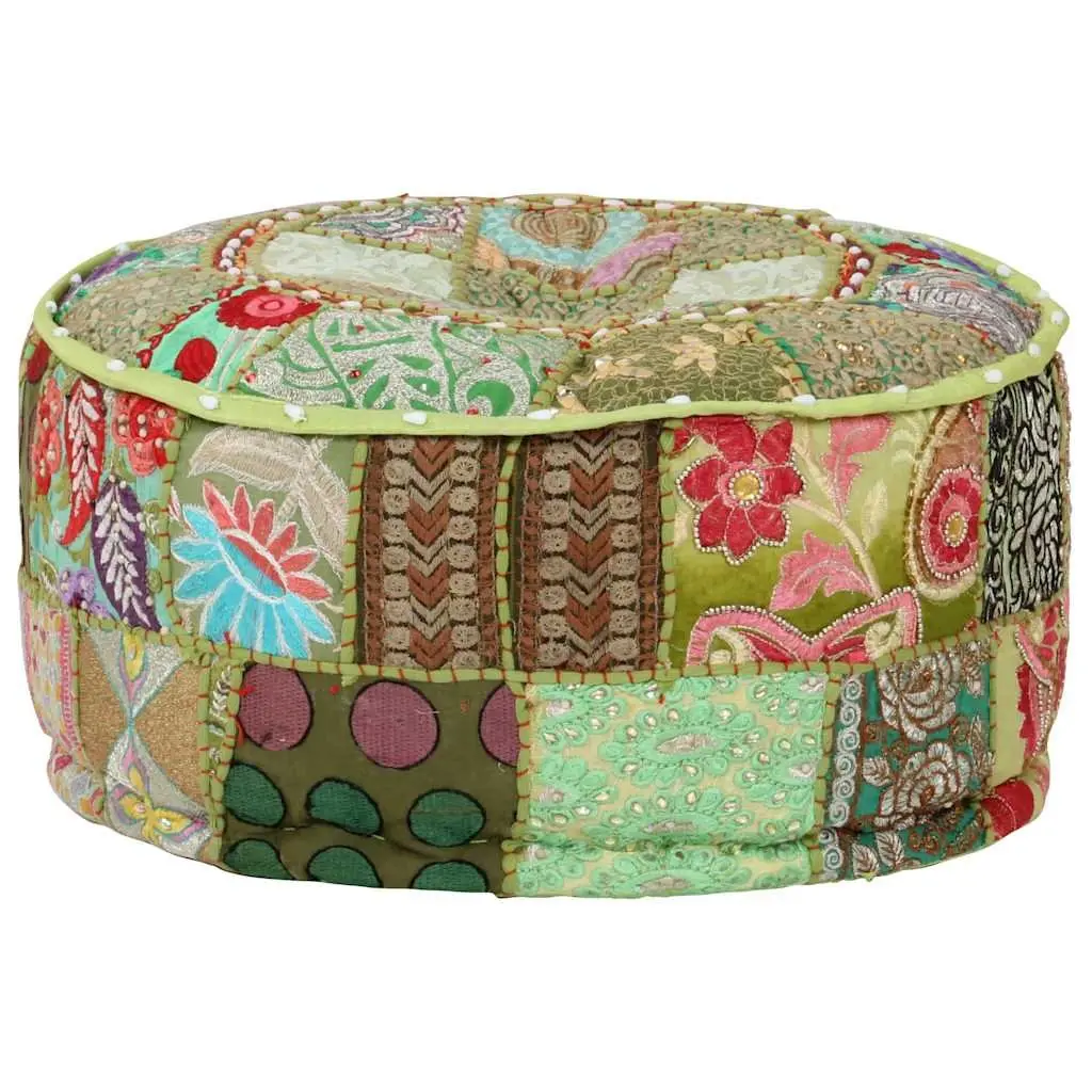 Patchwork Round Pouffe Ottoman Footrest Handmade Cotton Green 40x20cm