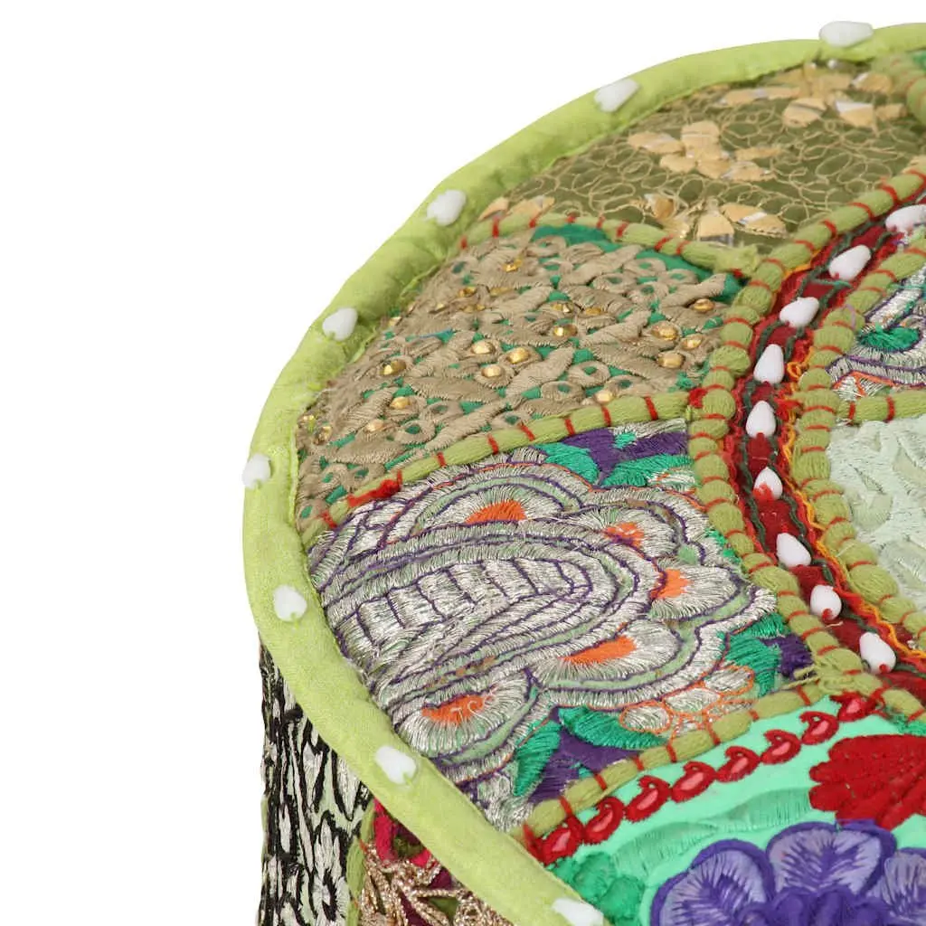Patchwork Round Pouffe Ottoman Footrest Handmade Cotton Green 40x20cm