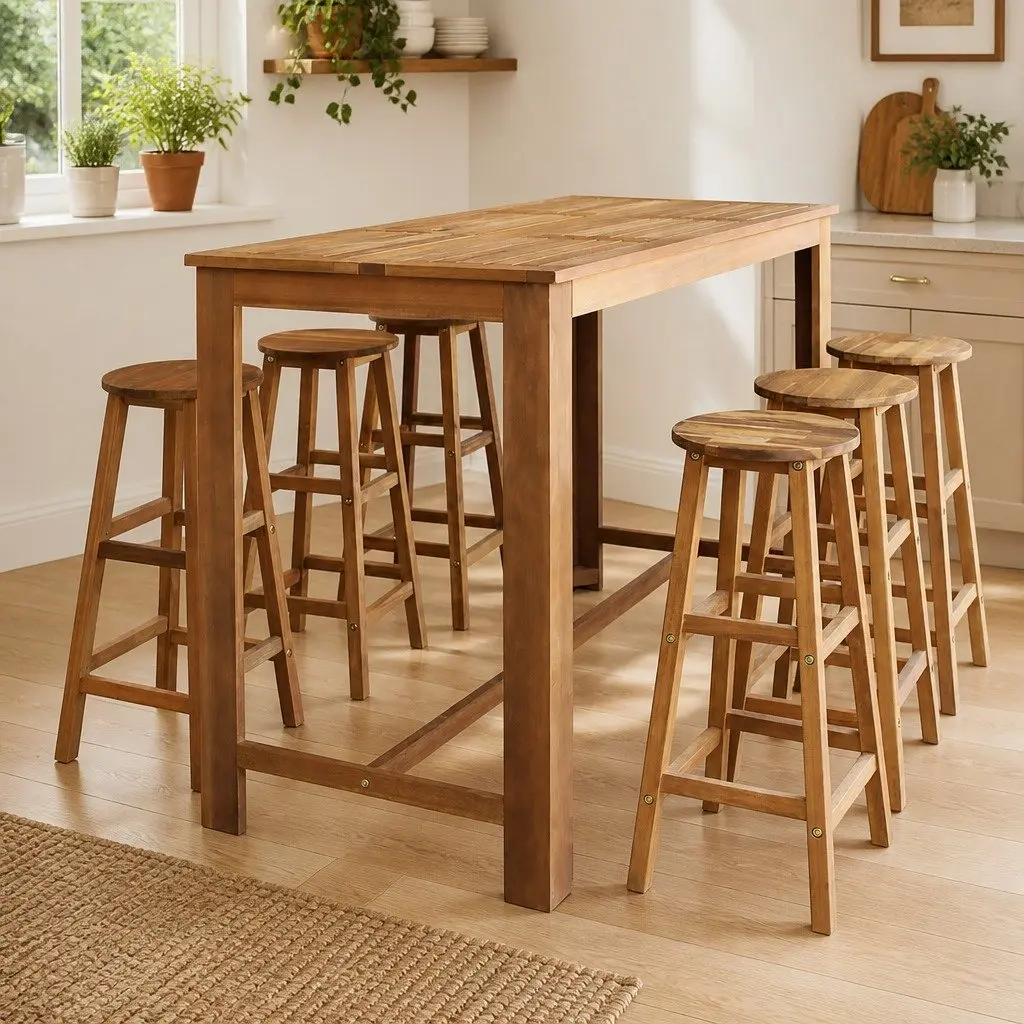 Solid Acacia Bar Table and Stool Set 7 Pieces