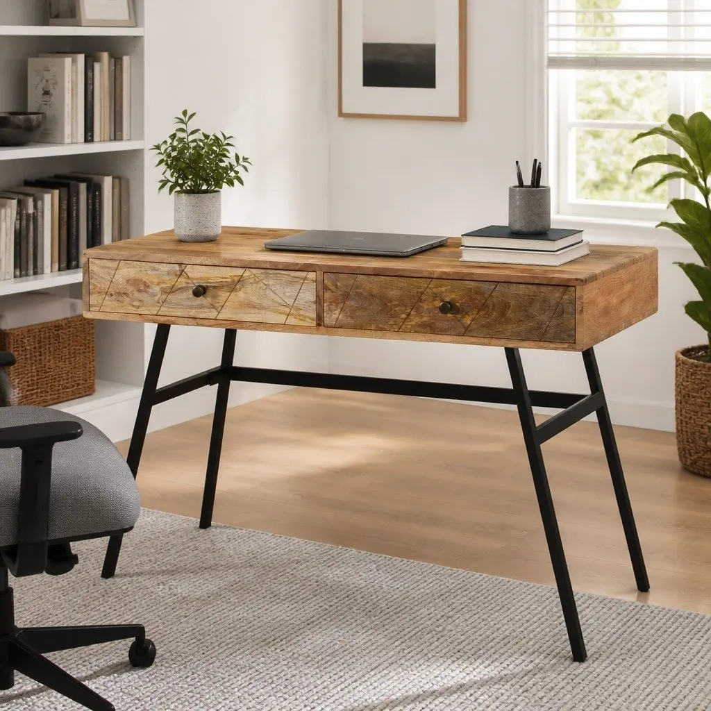 Writing Desk for Office or Living Room 110 x 50 x 76 cm Solid Mango Wood with 2 Drawers Industrial Steel Legs