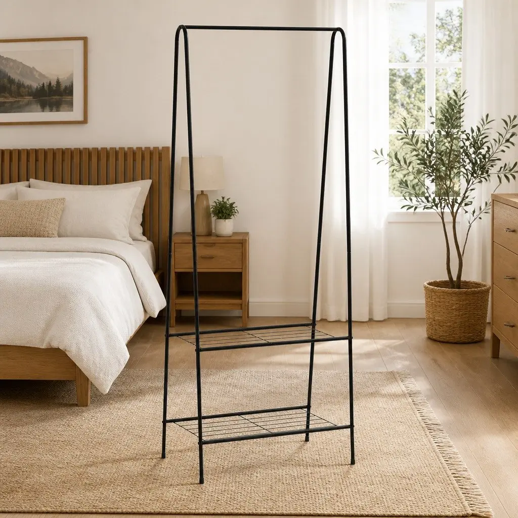 Black Steel Clothes Rack with Shelves
