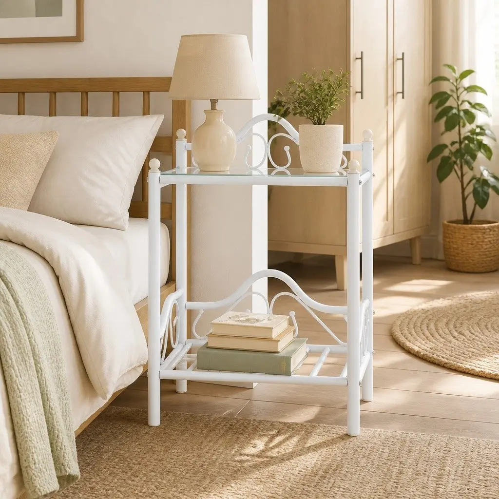 Bedside Table White Steel Frame Tempered Glass 2 Shelves Nightstand Furniture