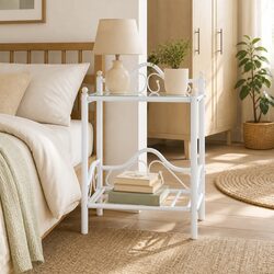 Bedside Table Specs: White Steel Frame & Glass Shelves