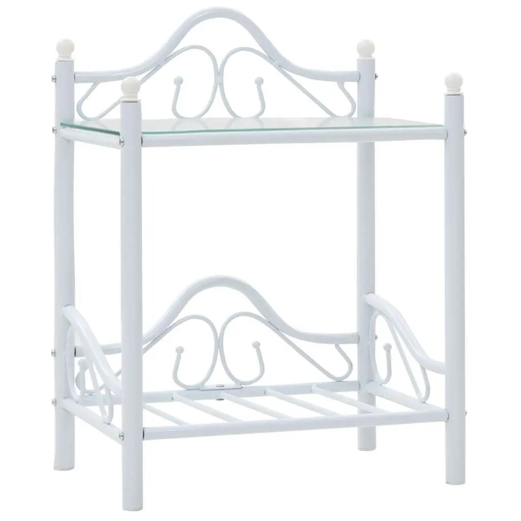 Bedside Table White Steel Frame Tempered Glass 2 Shelves Nightstand Furniture