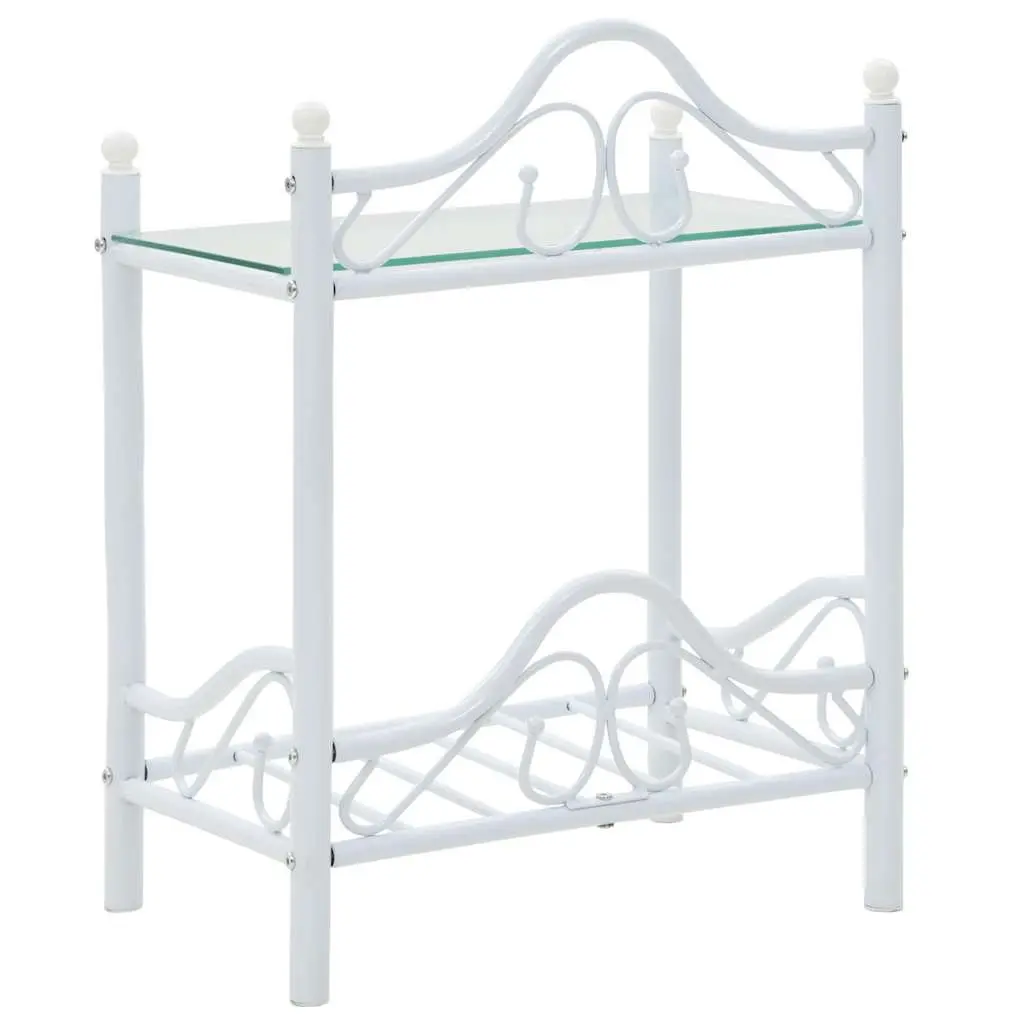 Bedside Table White Steel Frame Tempered Glass 2 Shelves Nightstand Furniture