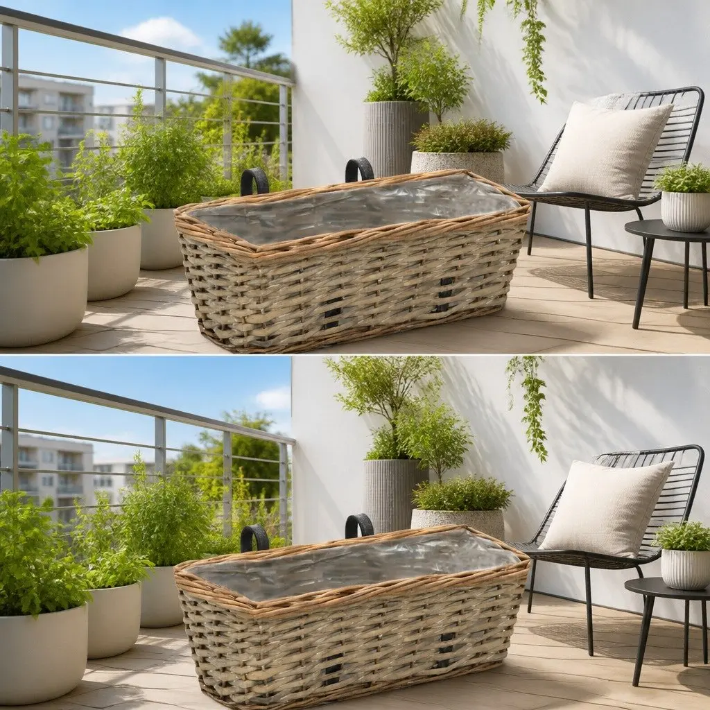 Wicker Balcony Planter Set 2 Pieces 40cm Rattan Garden Hanging Pot with PE Lining