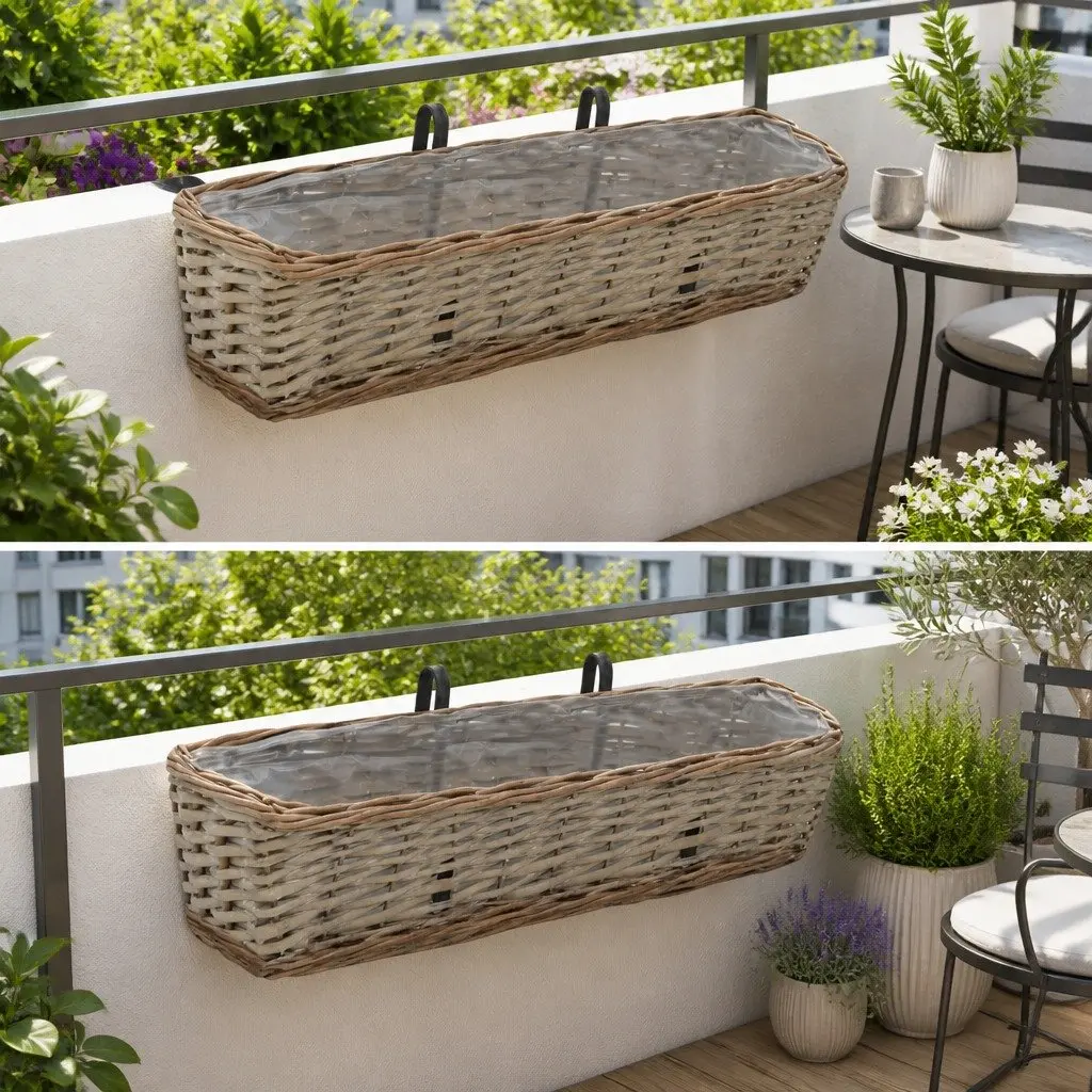 Balcony Planter 2 pcs Wicker PE Lining 60 cm Brown Hanging Garden Rattan Pot