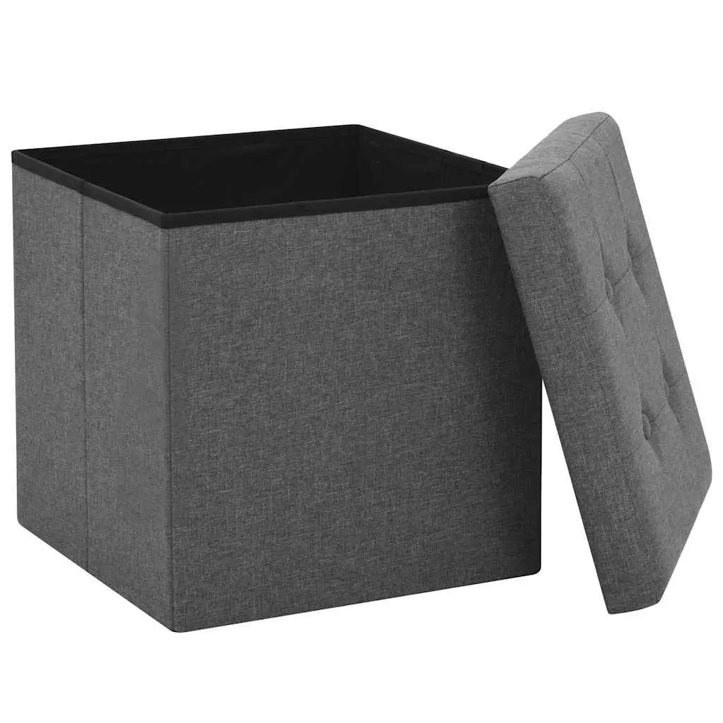 Folding Stools Set of 2 Grey Faux Linen Storage Ottoman for Home Use
