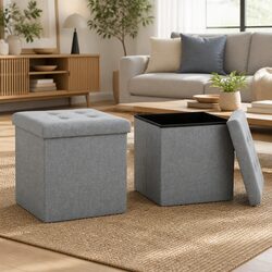 Folding Storage Stools - 2 Grey Faux Linen Units with Removable Tops