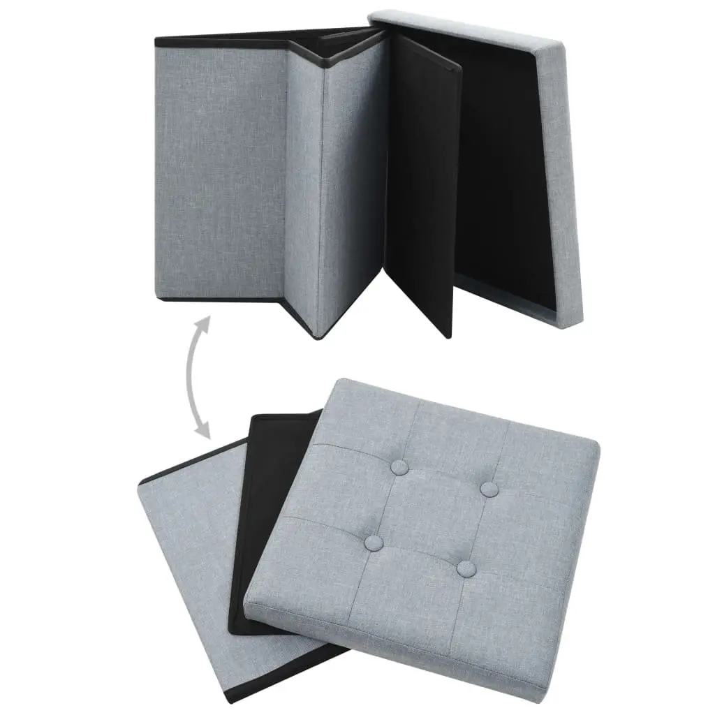 Folding Storage Stools 2 pcs Grey Faux Linen Upholstered Seat with Removable Top