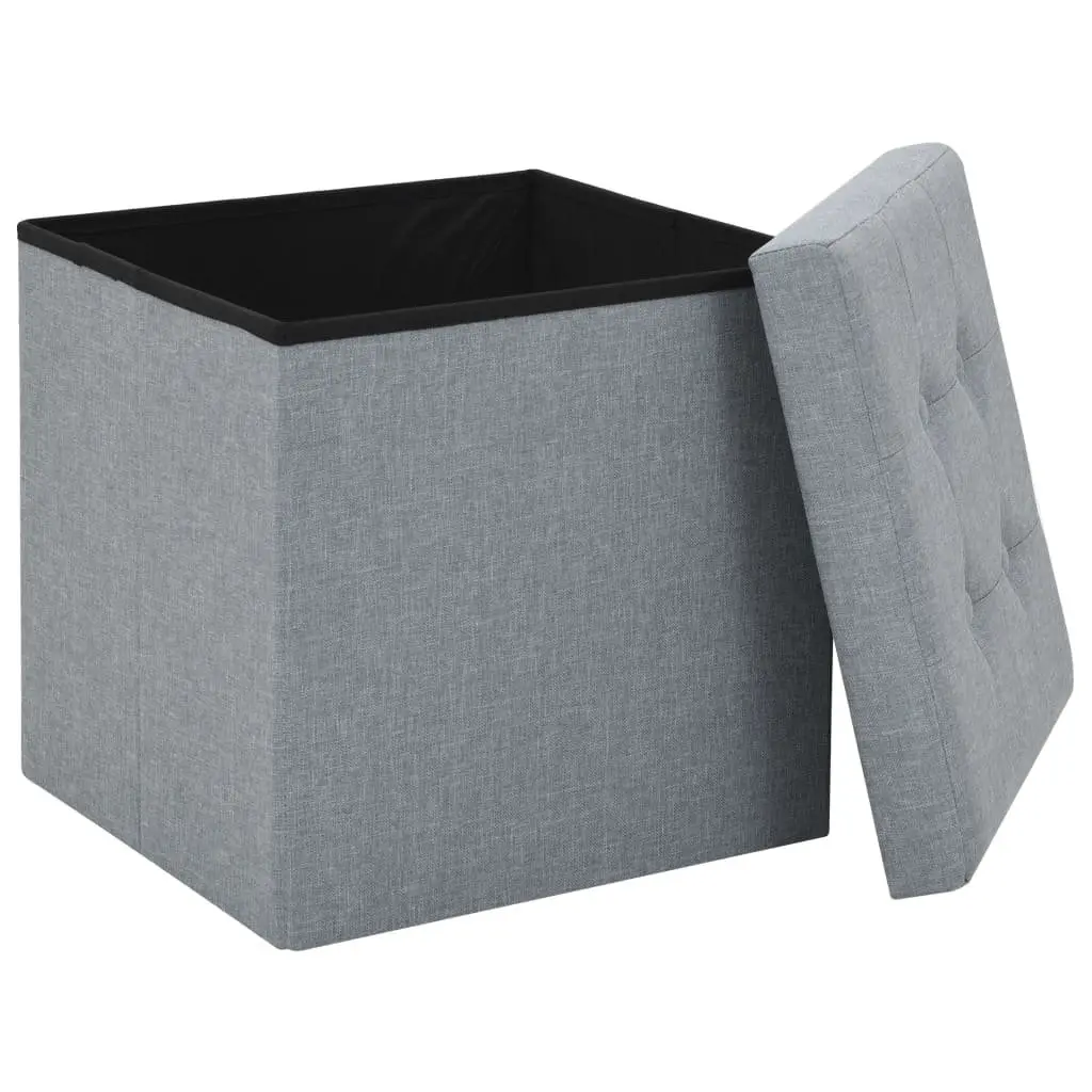 Folding Storage Stools 2 pcs Grey Faux Linen Upholstered Seat with Removable Top