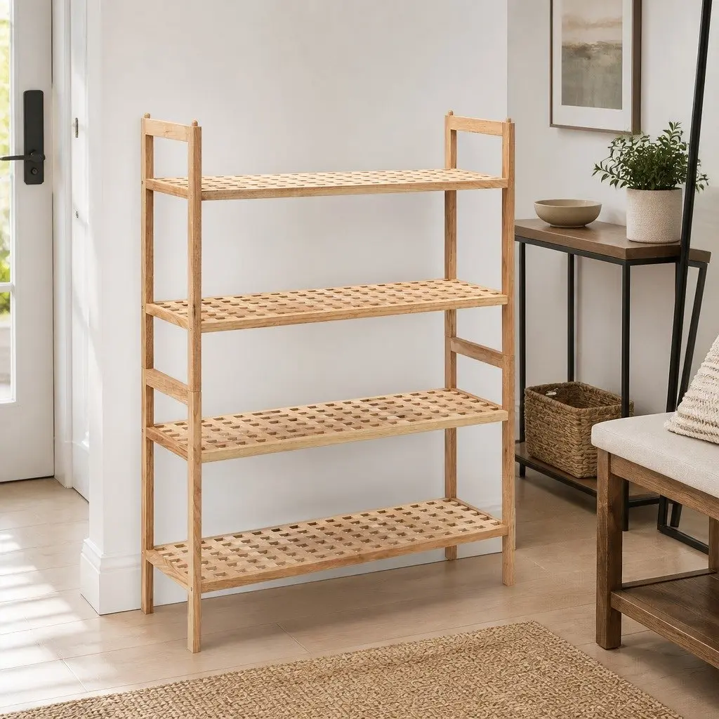 Shoe Rack 4 Shelves Walnut Wood Storage Organiser Latticed Platform Home Bedroom