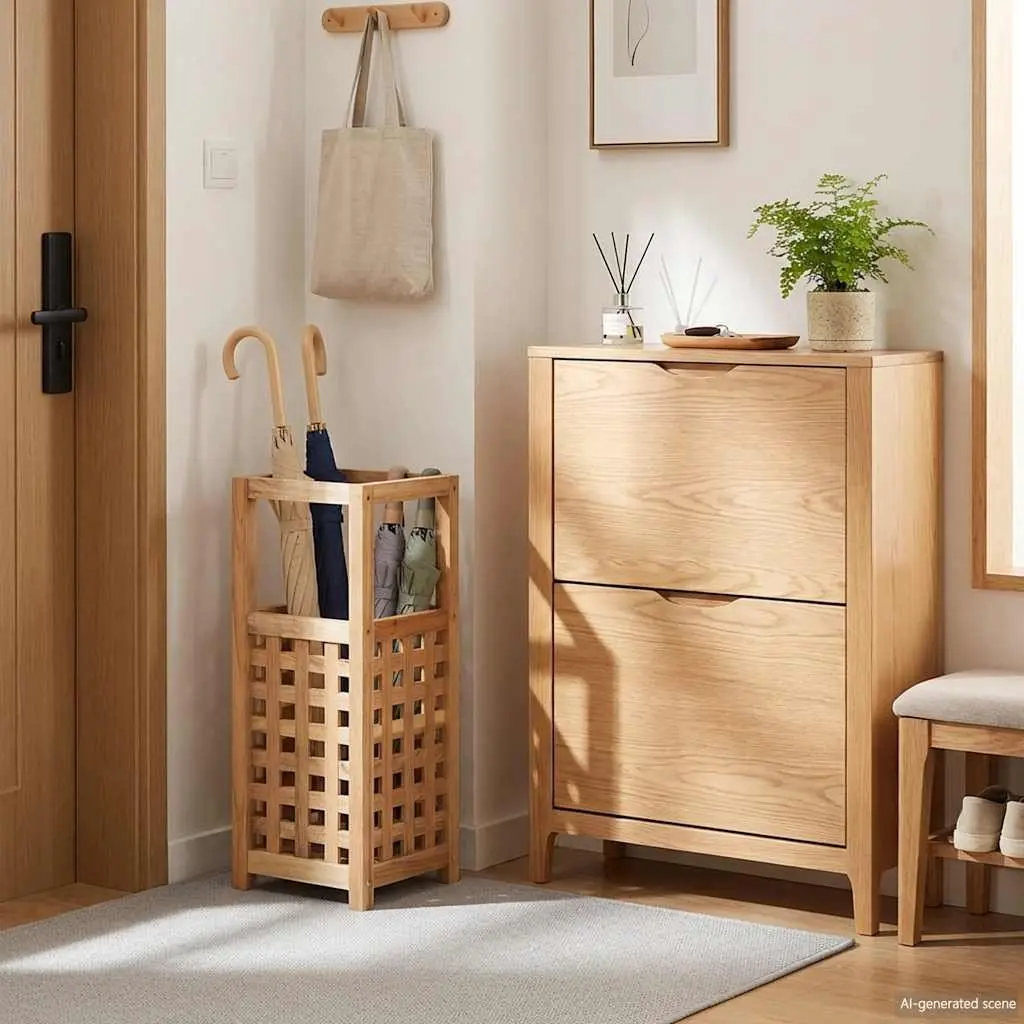Umbrella Stand Storage Holder Wooden Lattice Design Home Decor Organiser Rack
