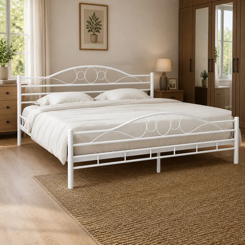 Metal Bed Frame for Bedroom 137x187 cm Slatted Base White Modern Furniture
