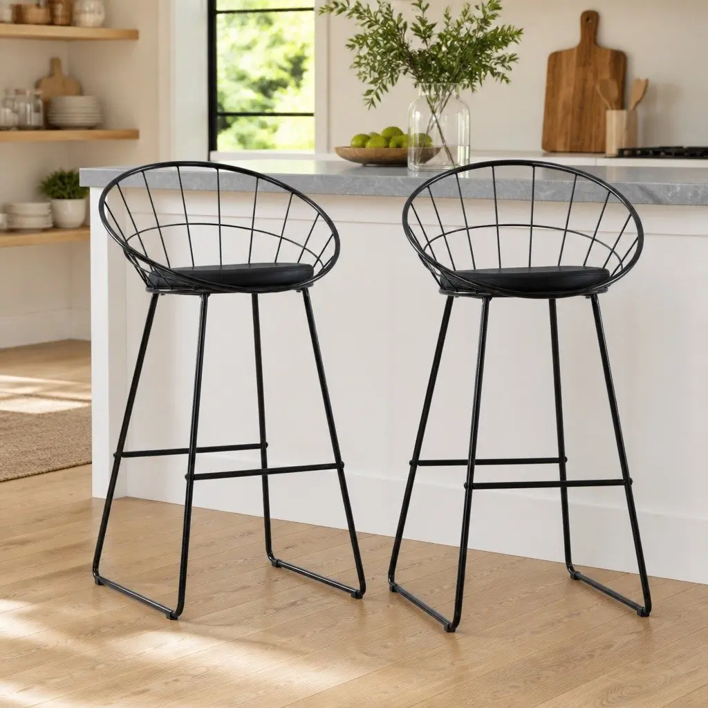 Set of 2 Cushioned Bar Stools with Steel Frame