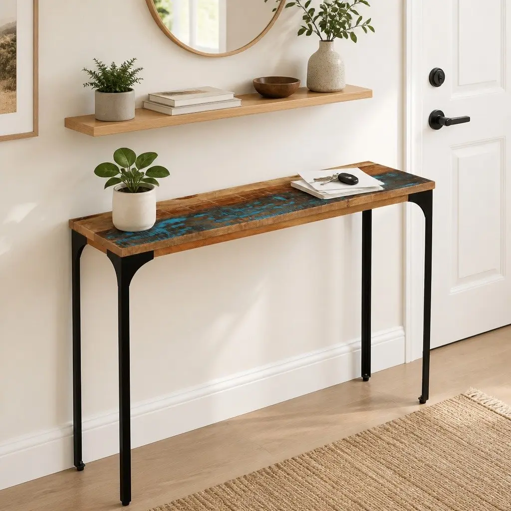 Console Table Living Room 120x35x76cm Solid Reclaimed Wood with Power-Coated Steel Frame