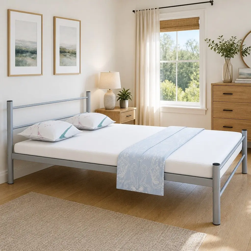 Metal Double Bed Frame Grey with Flexible Slatted Base