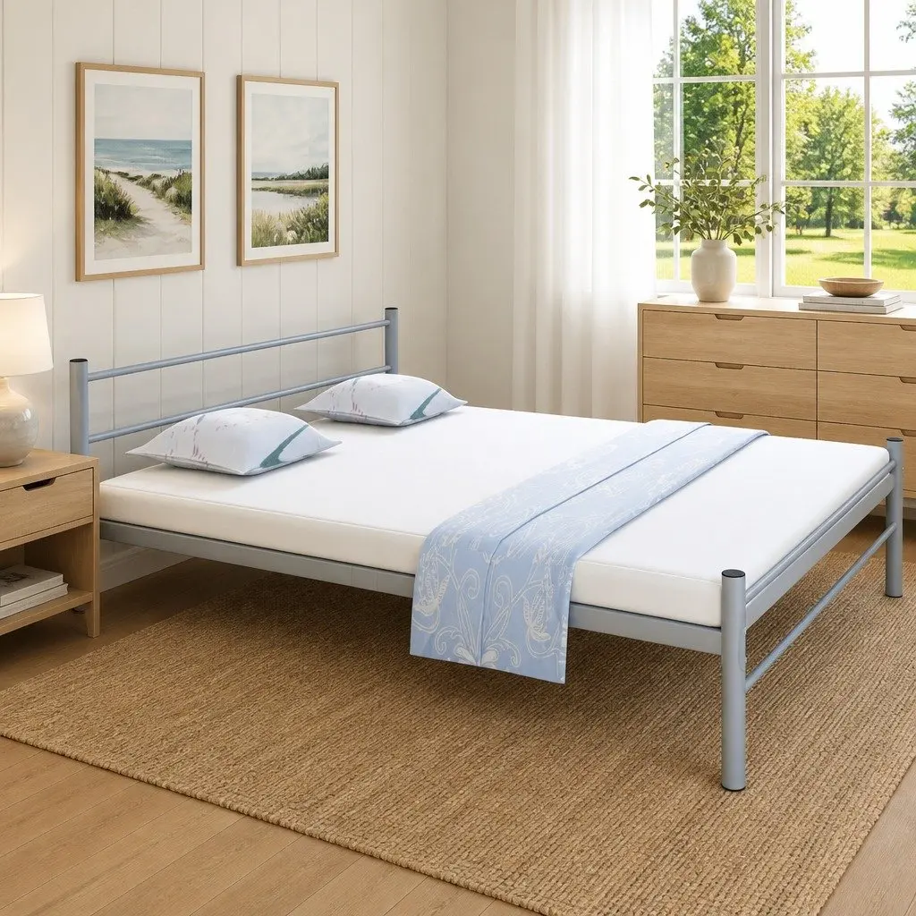 Queen Size Bed Frame in Grey with Metal Slat Base