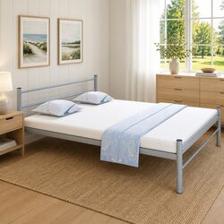 Queen Size Bed Frame in Grey with Metal Slat Base