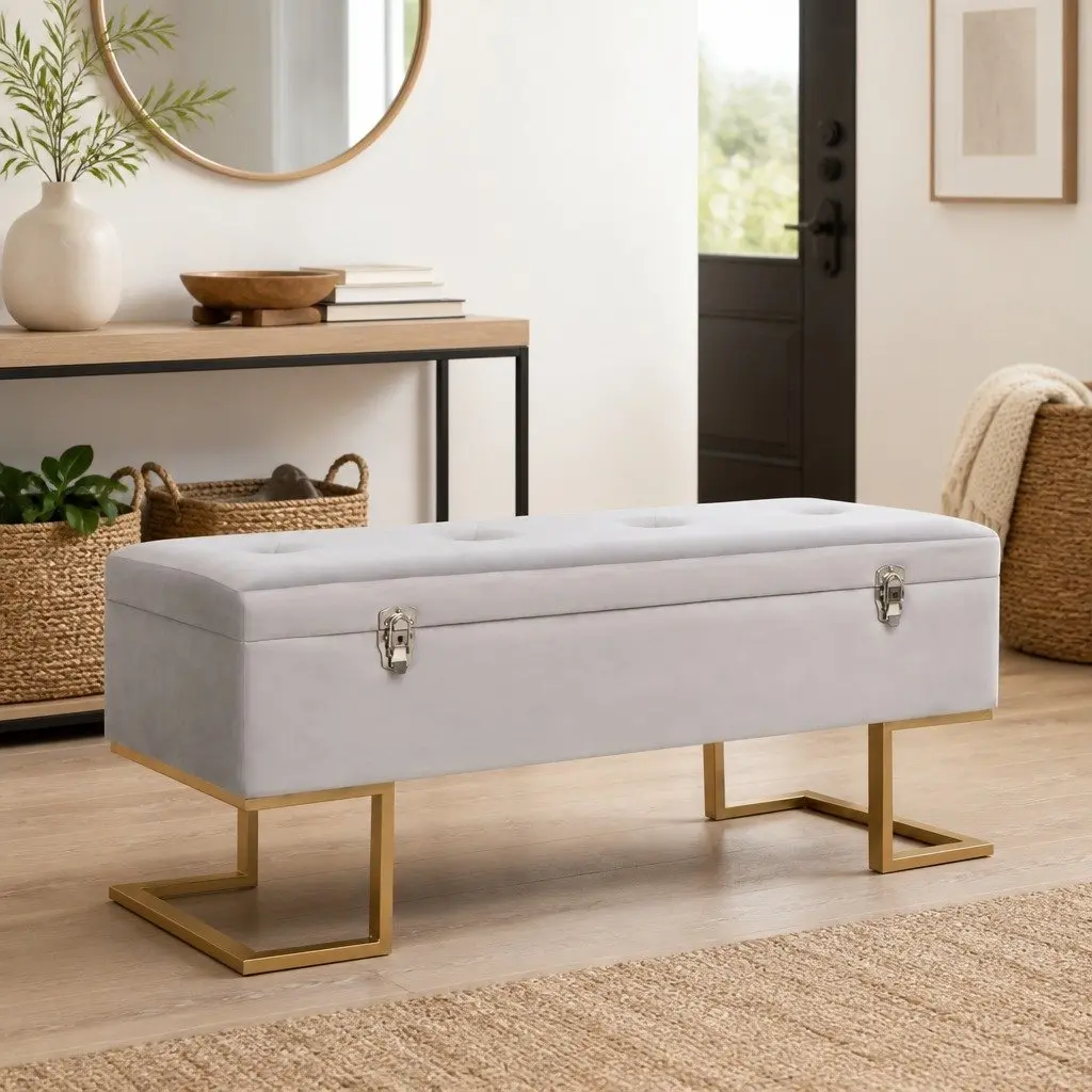 Storage Bench Living Room Entryway 105cm Grey Velvet Upholstered