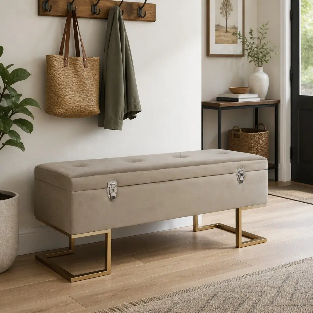Storage Bench Entryway 105 cm Beige Velvet Upholstered with Compartment