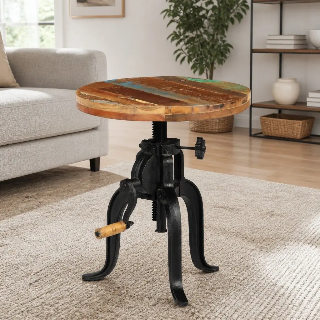 Adjustable Side Table for Living Room 45-62cm Reclaimed Wood Cast Iron Legs